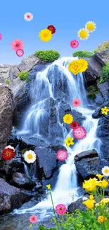 Serene waterfall cascading down rocky cliffs amidst lush greenery.