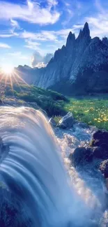 Breathtaking mountain view with a flowing waterfall under a vivid blue sky.