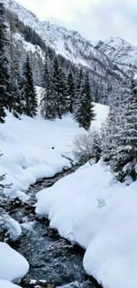 Winter mountain view with snow and stream.