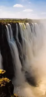 Majestic waterfall cascading over cliffs under a blue sky.