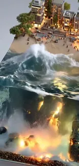 3D art cube with city, ocean, and fire elements.