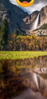 Waterfall and smiley emoji landscape wallpaper.