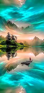 Mesmerizing turquoise aurora over serene lake and lush landscape.