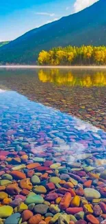 Vibrant mountain lake with pebbles and autumn trees under a blue sky.