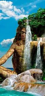 Majestic rock sculpture with waterfalls and lush green surroundings.