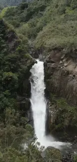 Majestic waterfall amidst lush green landscape.