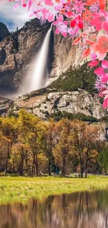 Mobile wallpaper of waterfall with pink floral accents.