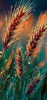 Glowing wheat field with bokeh lights at sunset.