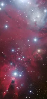 Vibrant red nebula galaxy with shining stars in the cosmic expanse.