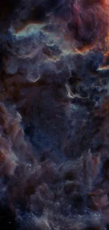 Dark blue and orange nebula with cloud-like patterns in space.