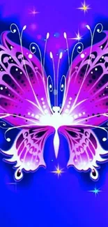 Vibrant neon butterfly on a blue background with artistic details.