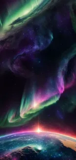 Colorful aurora borealis over Earth viewed from space.