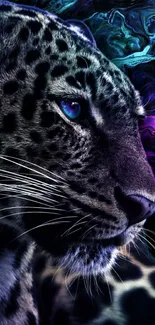 Majestic panther with neon blue eyes and vibrant background.