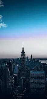 A stunning view of New York City skyline with bright blue sky.