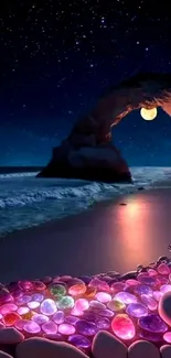 Night beach with colorful stones and moonlight reflection on ocean waves.