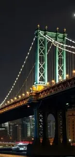 Illuminated bridge at night with city skyline.