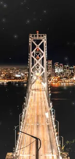 Night view of a beautifully illuminated bridge with city skyline.