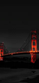 Golden Gate Bridge glowing red against a dark night sky.