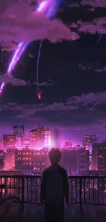 Silhouette of person gazing at a purple cityscape with shooting stars.