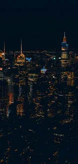 Night city skyline with illuminated skyscrapers and vibrant lights.