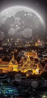 A breathtaking cityscape at night with a glowing full moon in the sky.