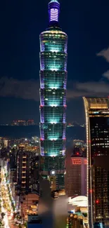 Night cityscape wallpaper with illuminated skyscrapers and vibrant lights.