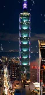 Nighttime cityscape featuring iconic illuminated skyscraper.