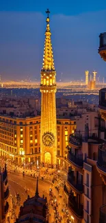 Cityscape at night with a glowing tower and vibrant urban lights.