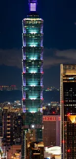 Night cityscape featuring Taipei 101 tower illuminated.