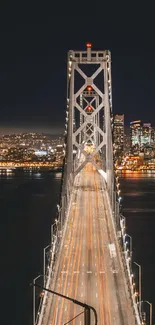 Night cityscape with bridge and vibrant skyline.