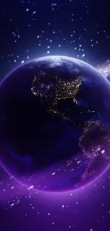 Night view of Earth glowing in space with a starry background.