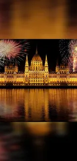 Fireworks light up the night sky above a golden-lit historic building with water reflections.