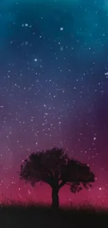 Mobile wallpaper featuring a tree silhouette under a starry purple and blue night sky.