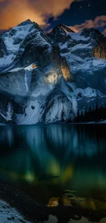 Night mountain scene with serene water reflection.