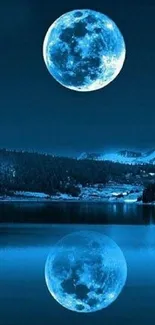 Night mountain scene with moon reflection on lake.