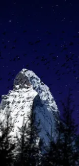 Snowy mountain under starry night sky wallpaper.