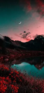 Surreal night mountain landscape with crescent moon reflection.