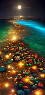 Night ocean scene with glowing stones and a moonlit path, creating a serene atmosphere.