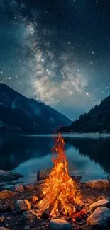 A radiant campfire under a starry night sky by a calm mountain lake.