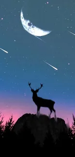 Deer silhouette with a mystical night sky and stars on phone wallpaper.