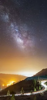 Mobile wallpaper featuring a night sky with a winding road and star-filled sky.