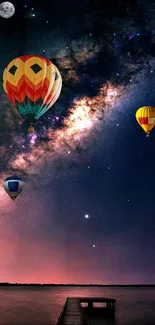 Colorful hot air balloons under starry night sky.