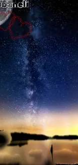 Starry night sky with moon and sunset view wallpaper.