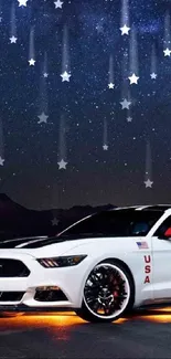 White Mustang under a starry night sky with glowing orange lights.