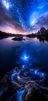 Stunning night sky reflected over calm blue lake.