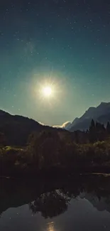 Serene night sky with moon and stars reflected on water against mountain silhouette.