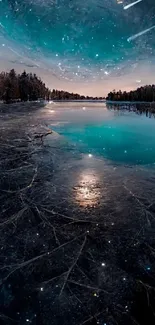 Beautiful dark blue night sky over a reflective frozen lake.