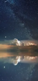 Starry night sky reflected on calm waters with faint clouds.