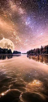 Moonlit lake with starry sky wallpaper.