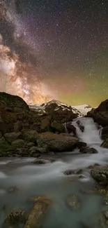 Night sky with Milky Way over a waterfall, perfect for mobile wallpaper.